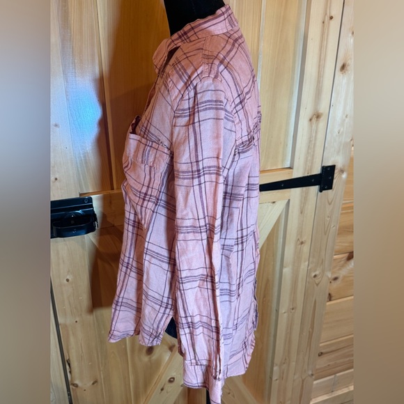 Free People No Limits Oversized Linen Plaid Button Down Shirt Salmon Peach XS - Picture 5 of 11